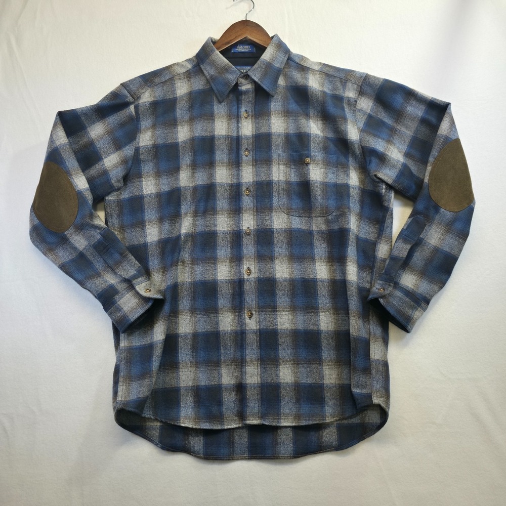 Pendleton Men's Blue Plaid Wool Trail Shirt Elbow Patches‎ Size Large